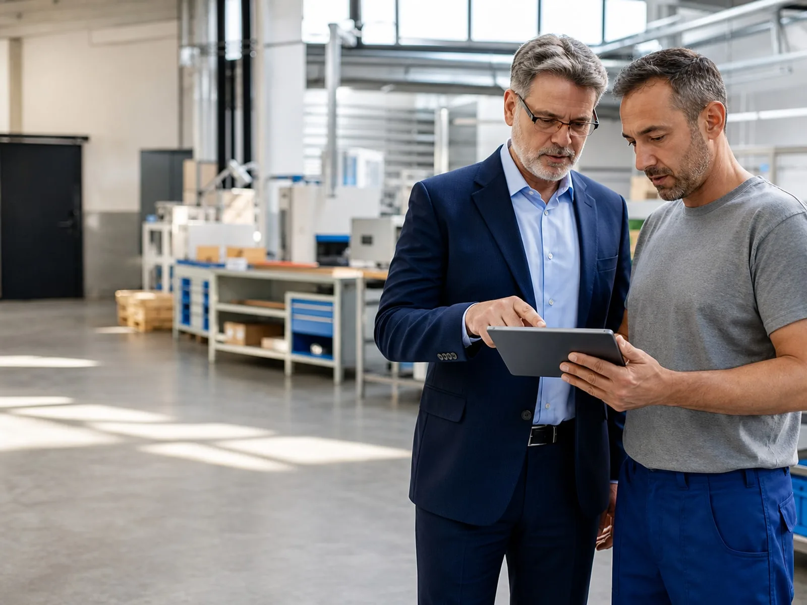Two colleagues reviewing operations together on a tablet in a light industrial workspace