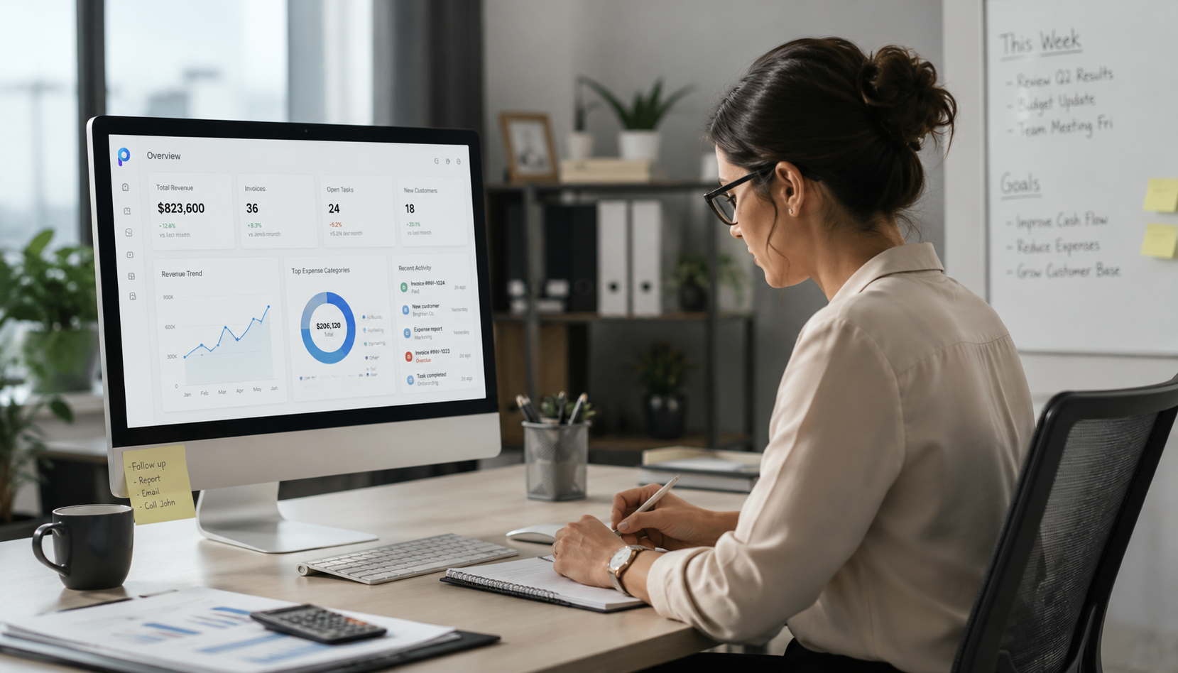A business owner reviewing her operations on the Padrino dashboard