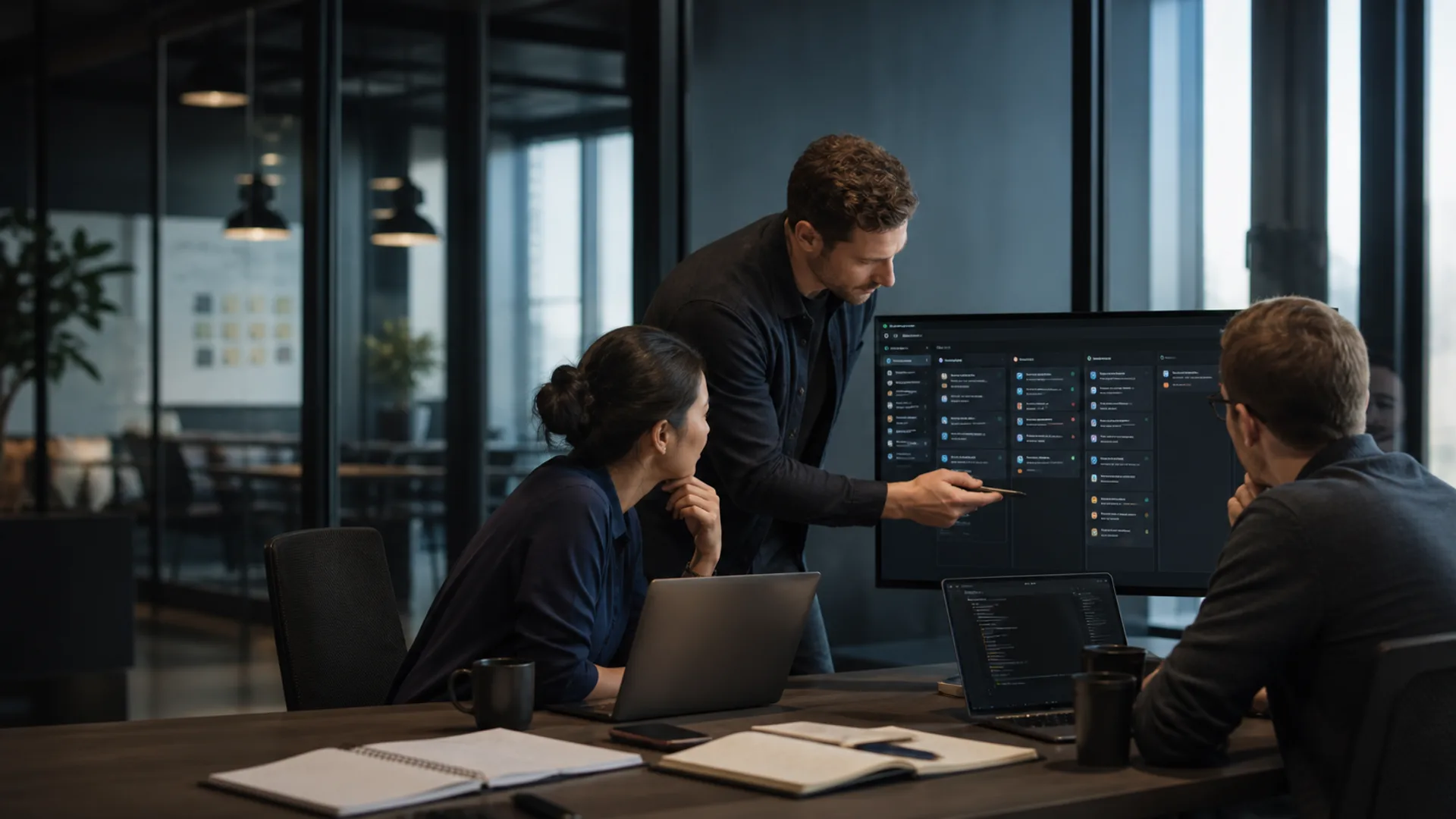 A team reviewing a project board of tickets on a large screen in a modern office