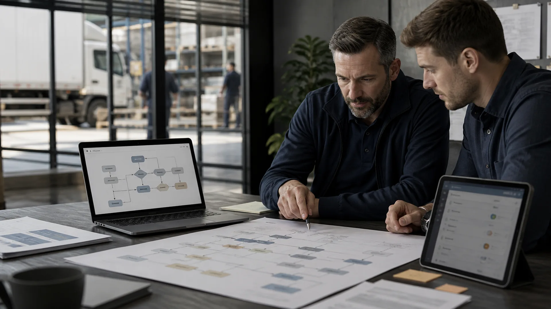 Two operators mapping a business workflow on a screen in a muted, modern workspace